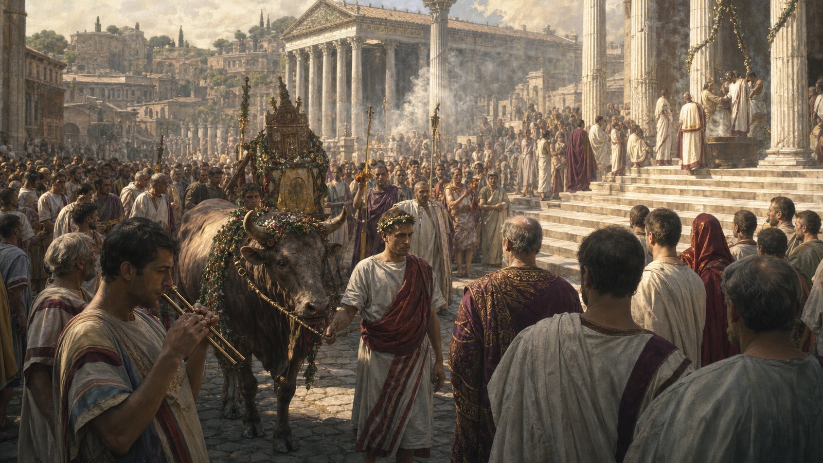 The pompa carried ritual through Roman streets, turning movement, music, smoke, and spectators into one public act.