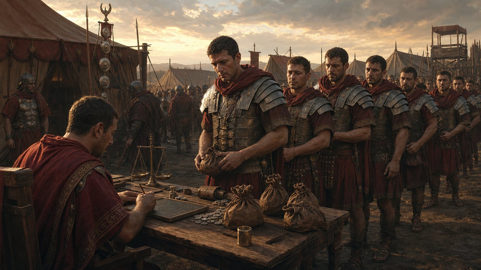 The pay table turned service into a public encounter of soldiers, coins, tablets, standards, and clerks.