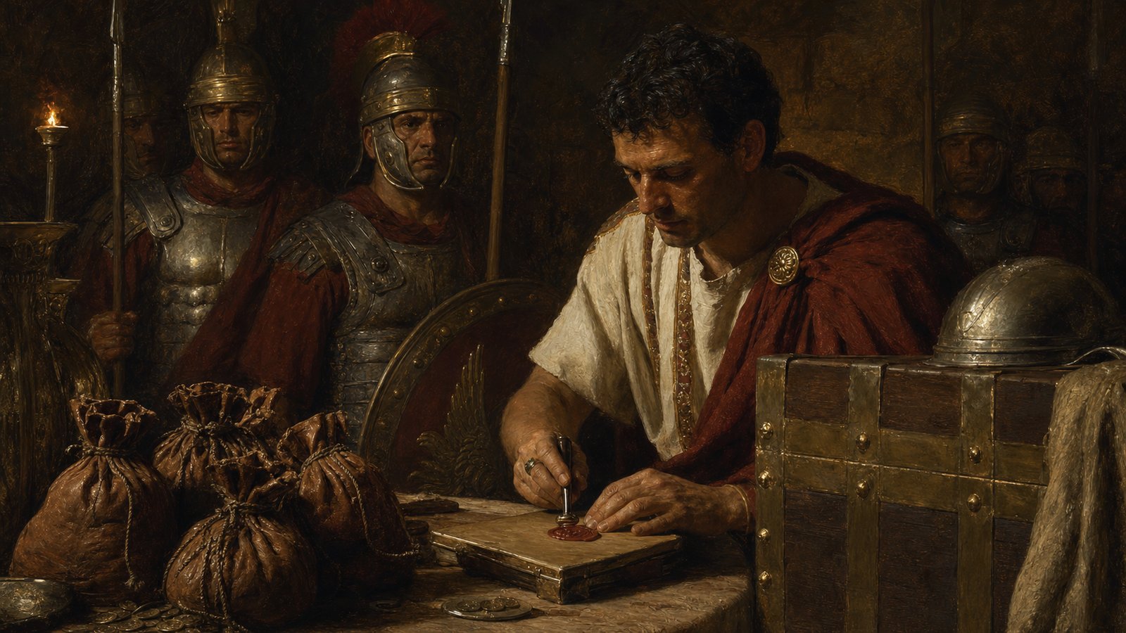 Military loyalty looked heroic from far away, but it also depended on counted money, written rolls, and guarded chests.