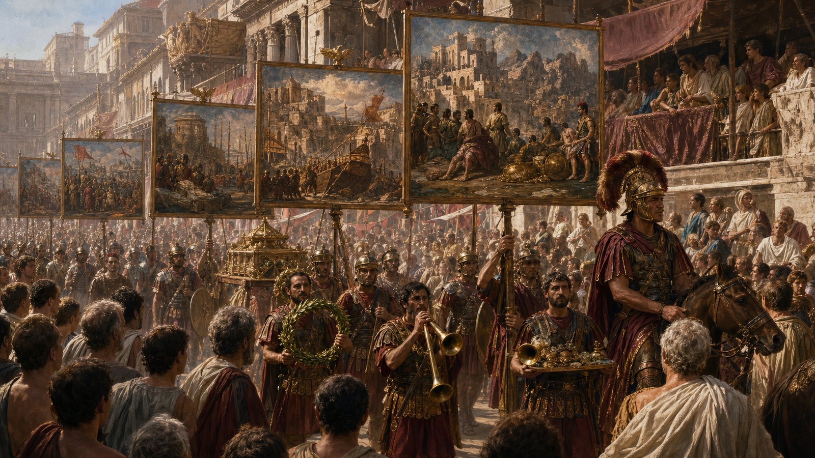In a triumph, images, spoils, soldiers, captives, and crowds turned conquest into a moving public story.