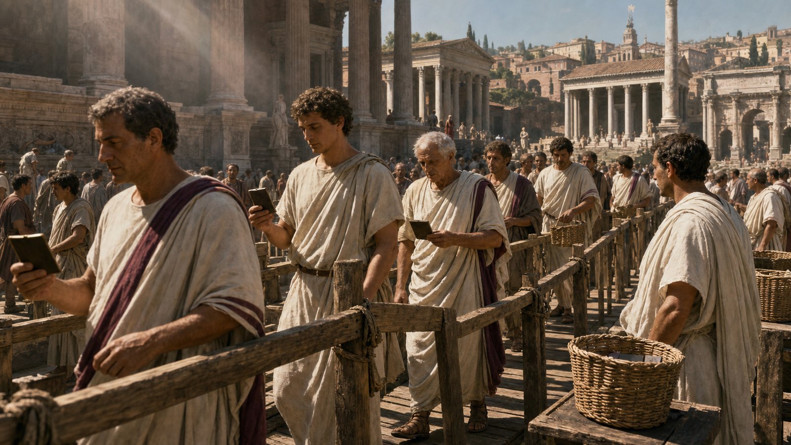 The voting bridge turned a Roman crowd into a line of citizens making countable choices.