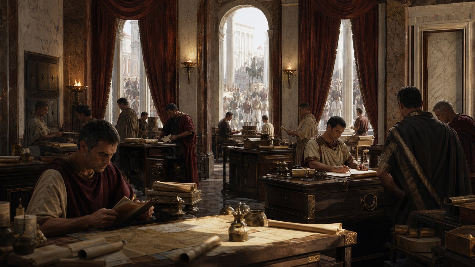 Roman imperial officials managing petitions, dispatches, maps, and records