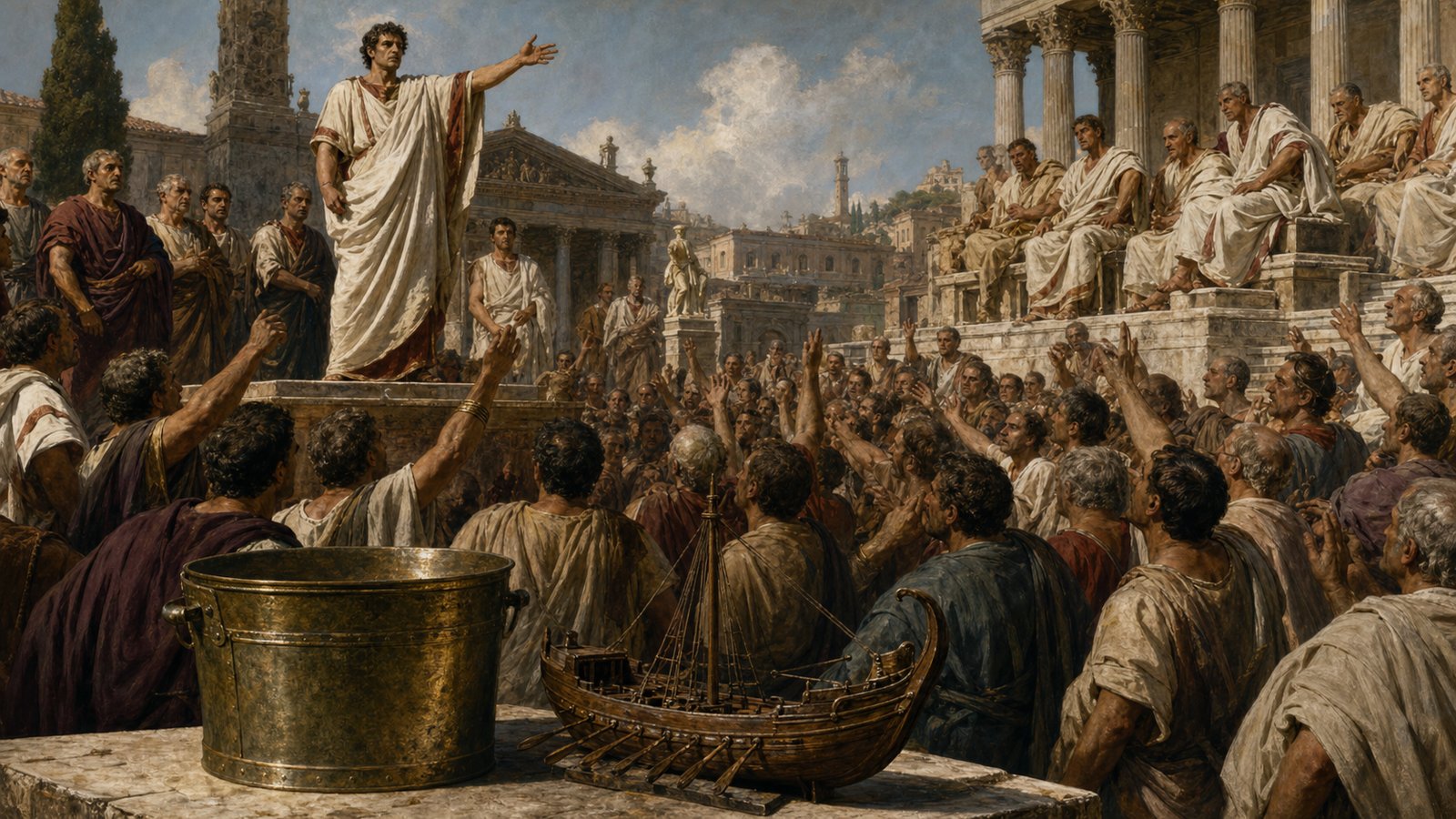 A Roman assembly debates an extraordinary command while ship and grain imagery make a distant maritime crisis politically immediate.