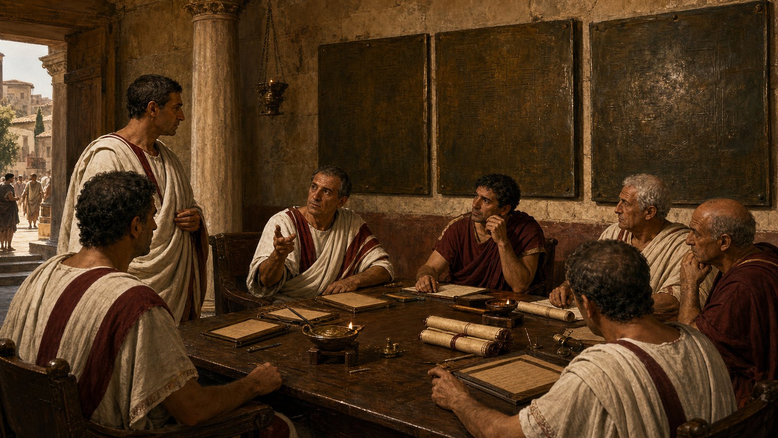 Municipal magistrates and decurions debate civic business beneath bronze law panels in a provincial Roman council chamber.