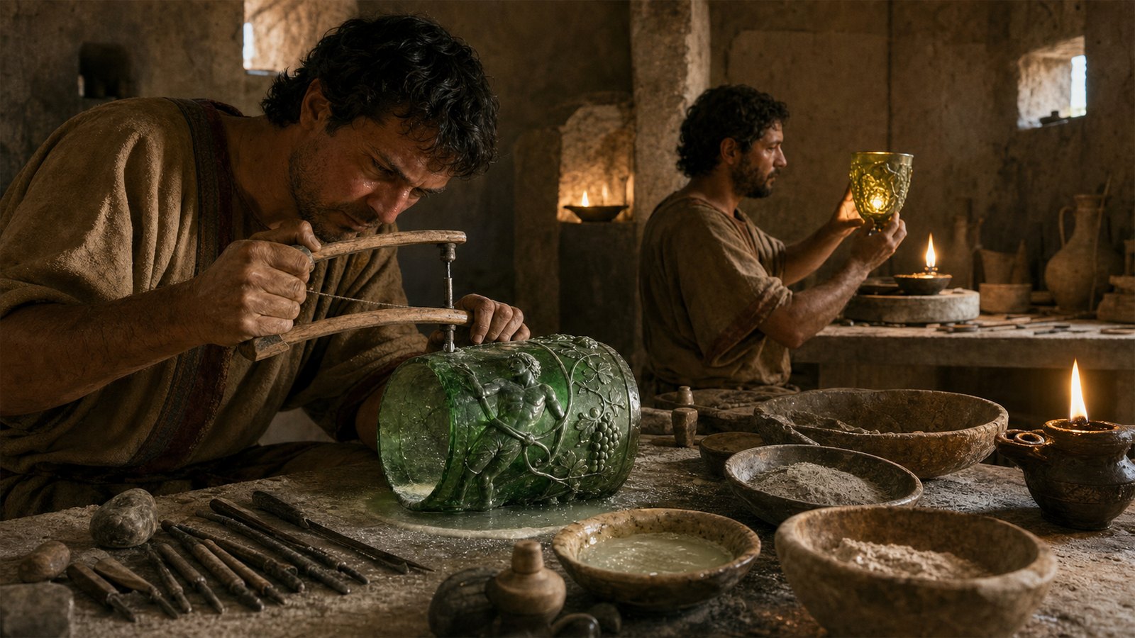 Roman specialist cutters use hand tools and abrasive slurry to release a figural cage from a thick glass blank.