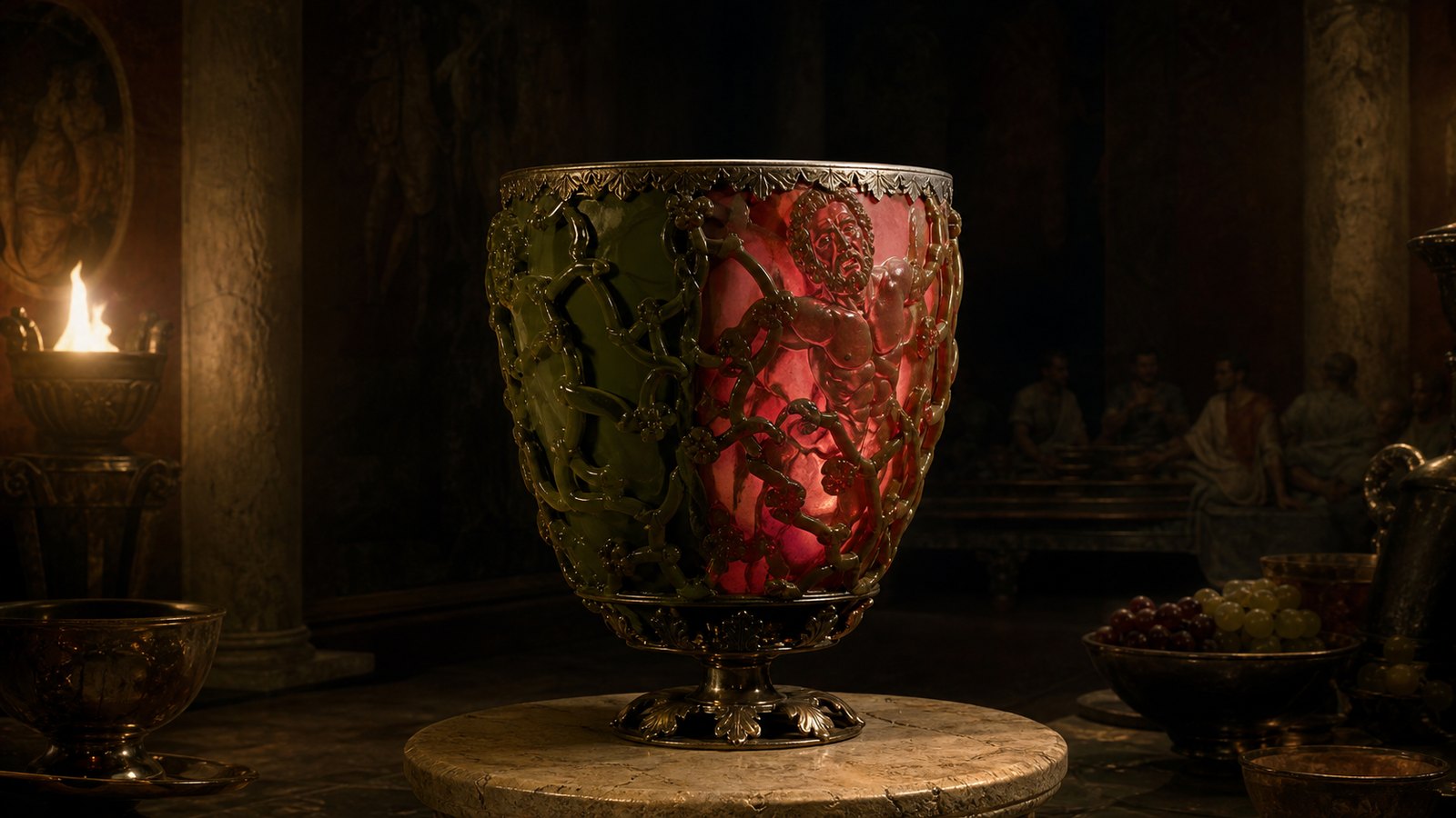 Reflected light makes one side of the Lycurgus Cup appear green while transmitted light turns the other side ruby red.