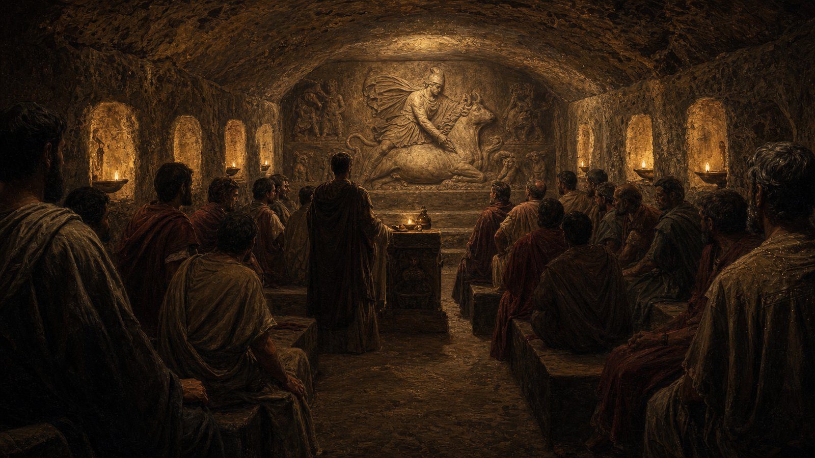 A narrow cave-like mithraeum with raised dining benches, lamps and worshippers facing the bull-slaying relief.