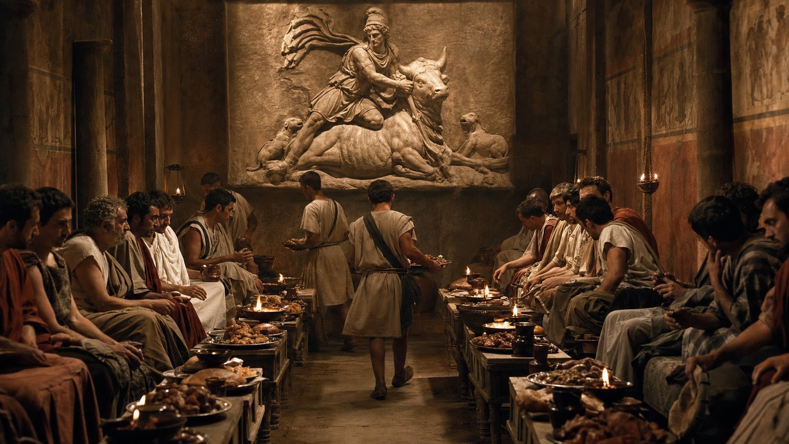 Initiates share meat and wine beneath the tauroctony while ranked servants carry dishes through the central aisle.