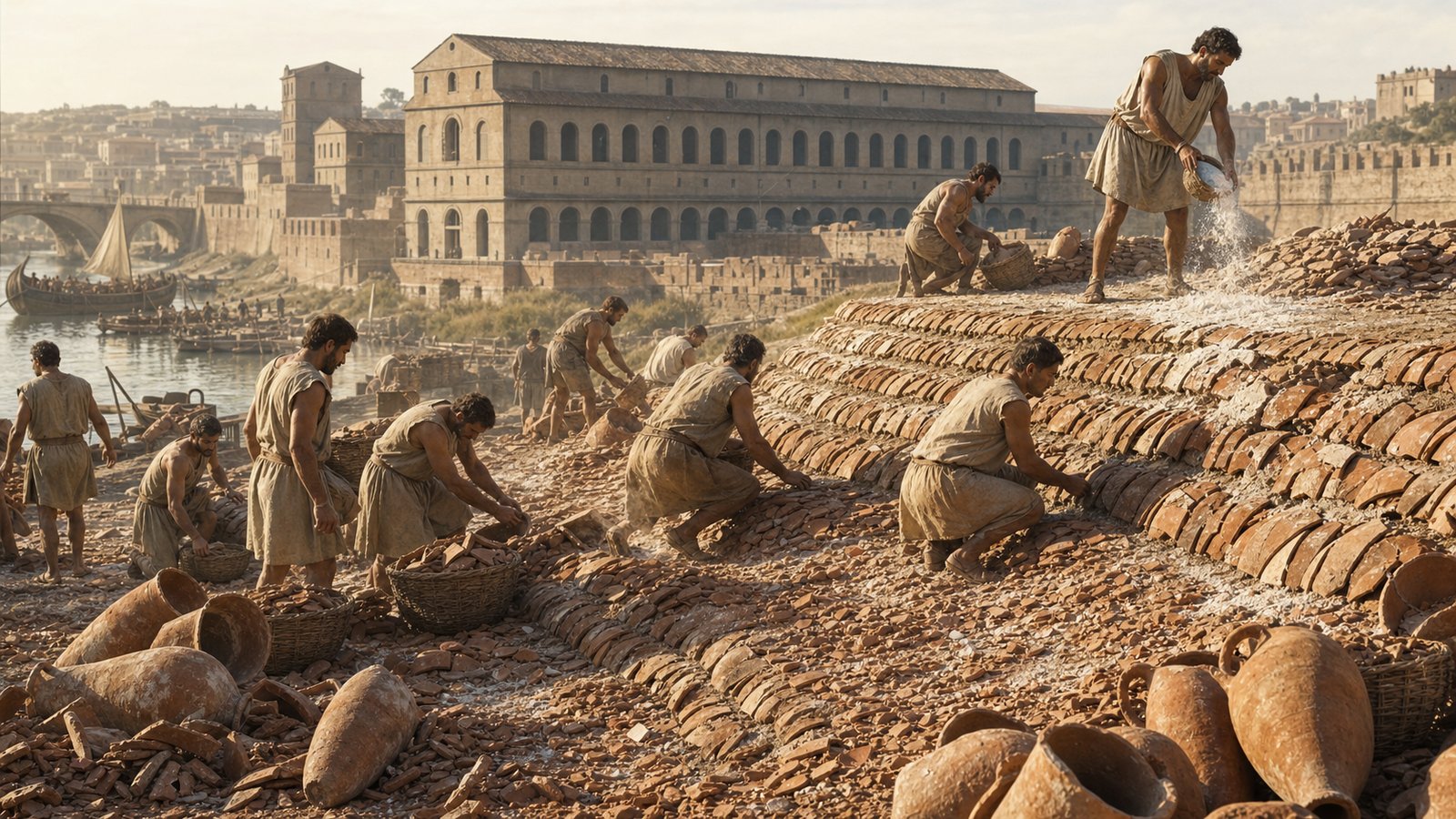 Workers stack broken globular oil amphorae into a terraced slope near Tiber warehouses, dusting the layers with pale lime.