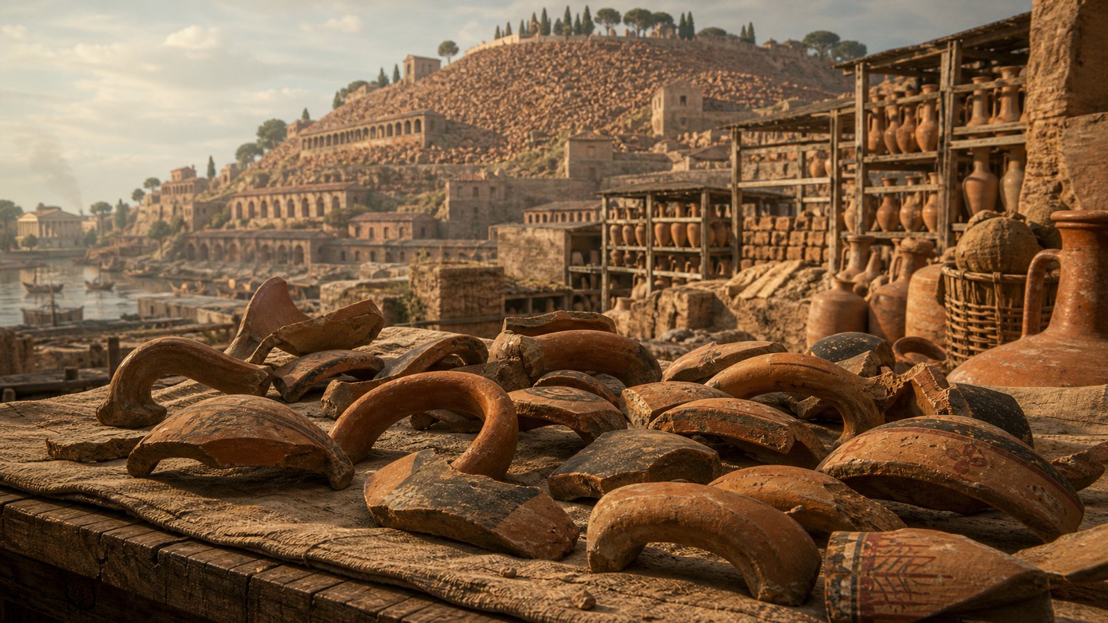 Stamped handles and painted amphora fragments lie on an excavation table while Monte Testaccio rises behind them.