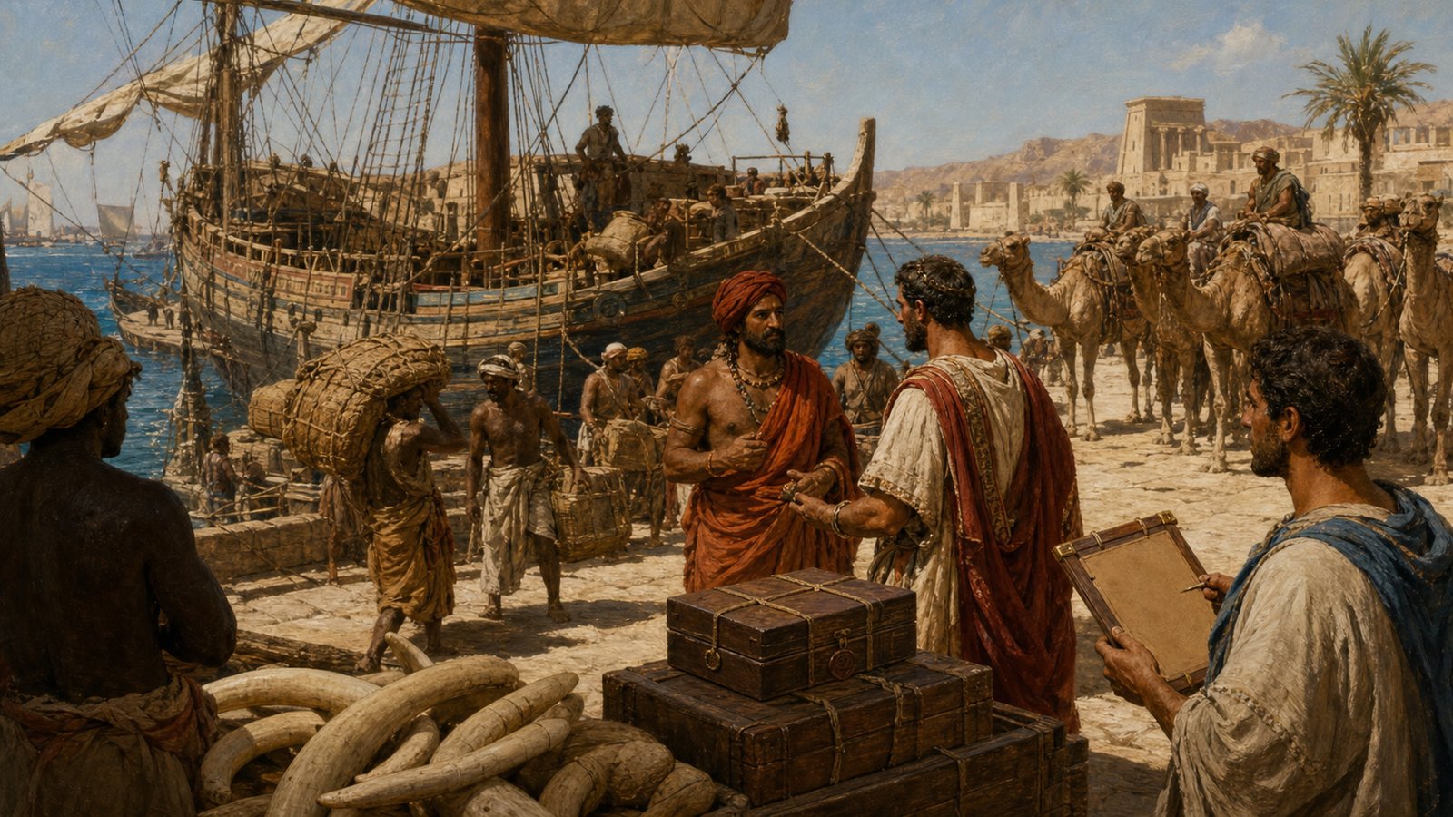 Ancient Indian Ocean cargo of ivory and nard being recorded beside a Roman merchant ship