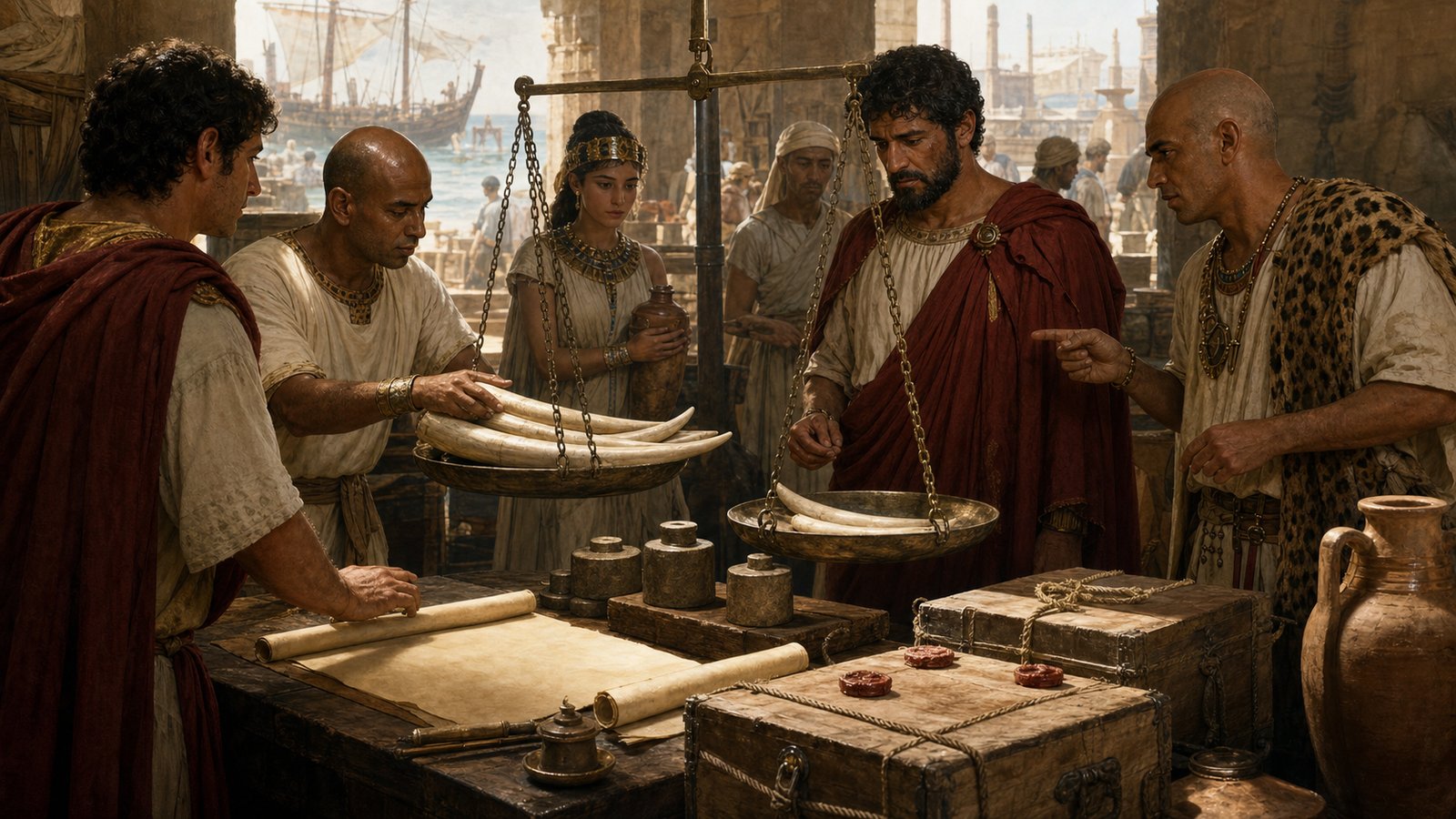 Roman customs warehouse at Alexandria with scribes weighing ivory cargo
