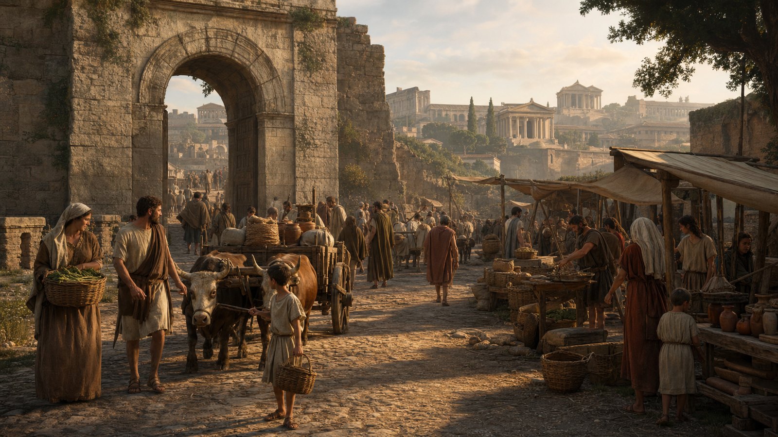 Roman country families arriving at a city market with produce carts and baskets