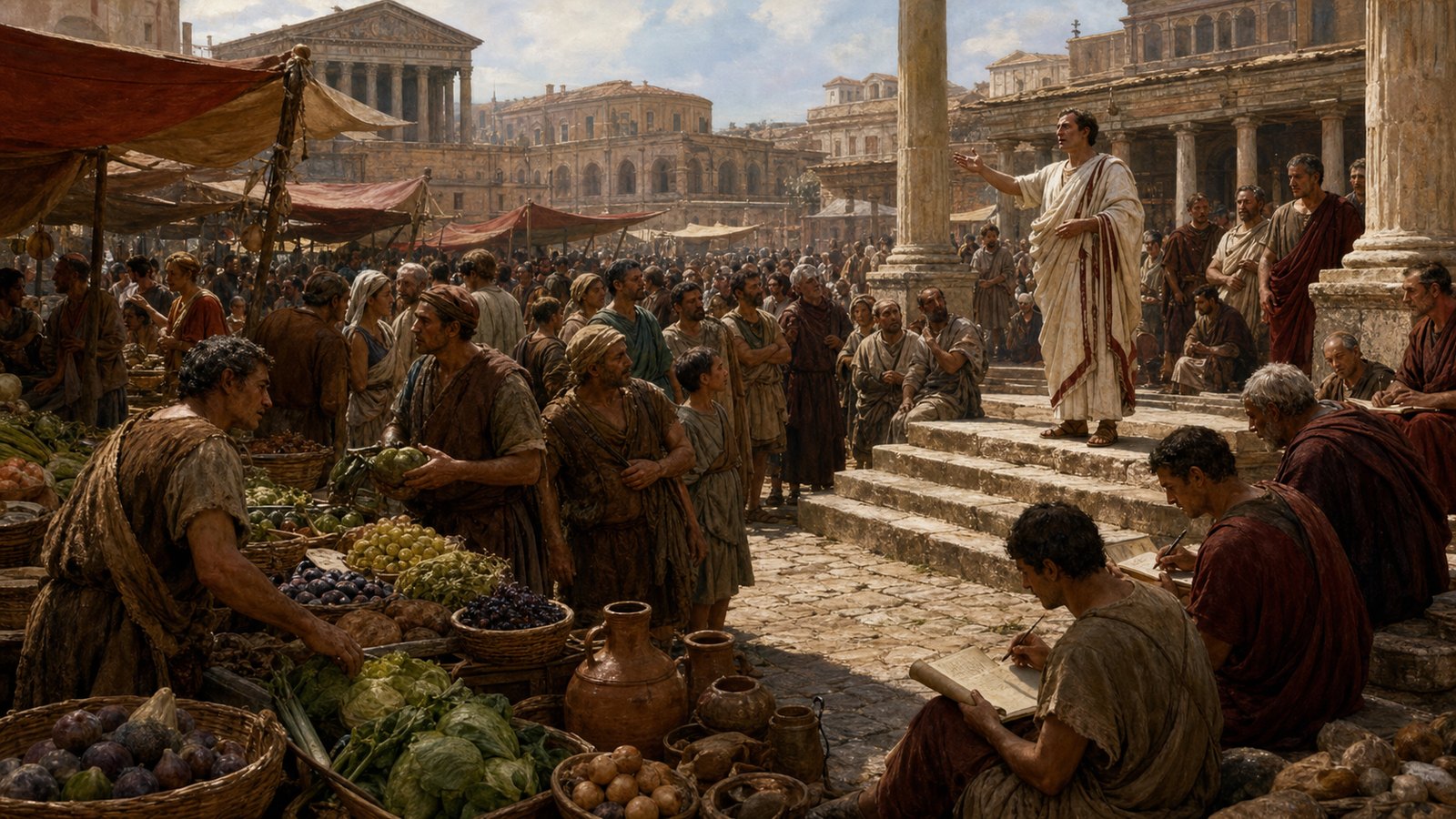 Roman market square where merchants, rural buyers and a public speaker share the same crowded day