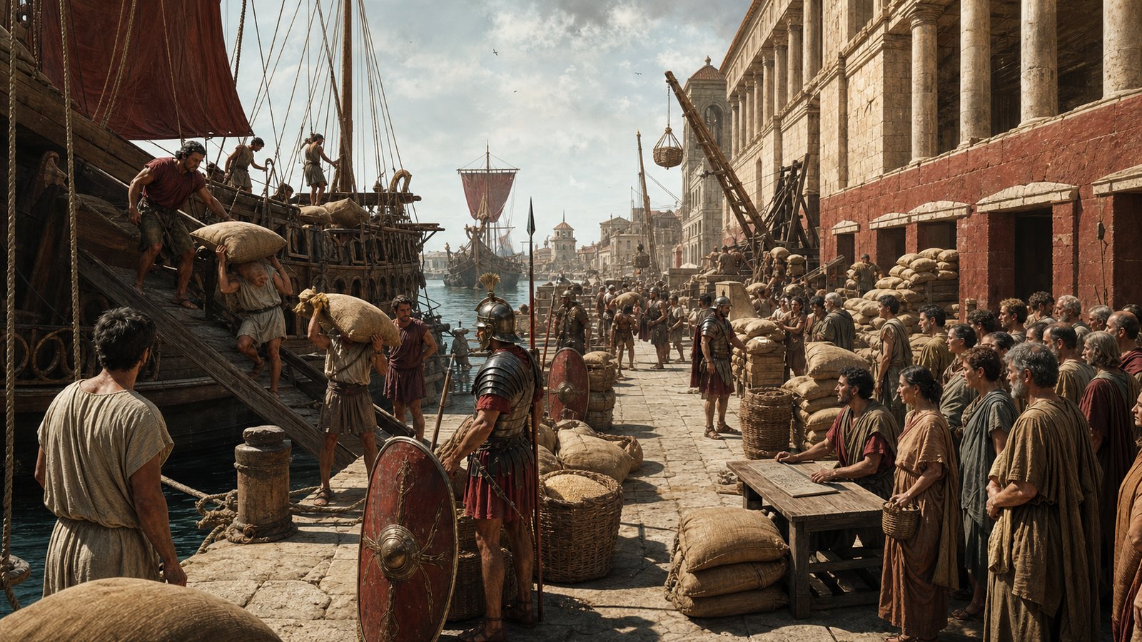 Grain ships unloading sacks at Ostia under Roman supervision
