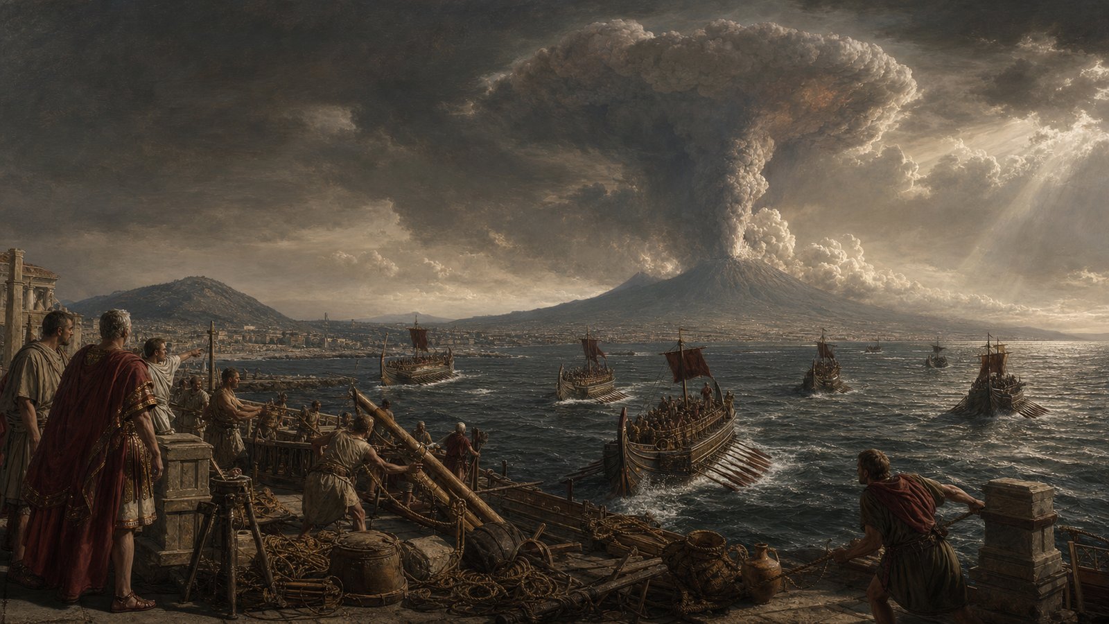 Roman fleet at Misenum watching the Vesuvius cloud across the bay