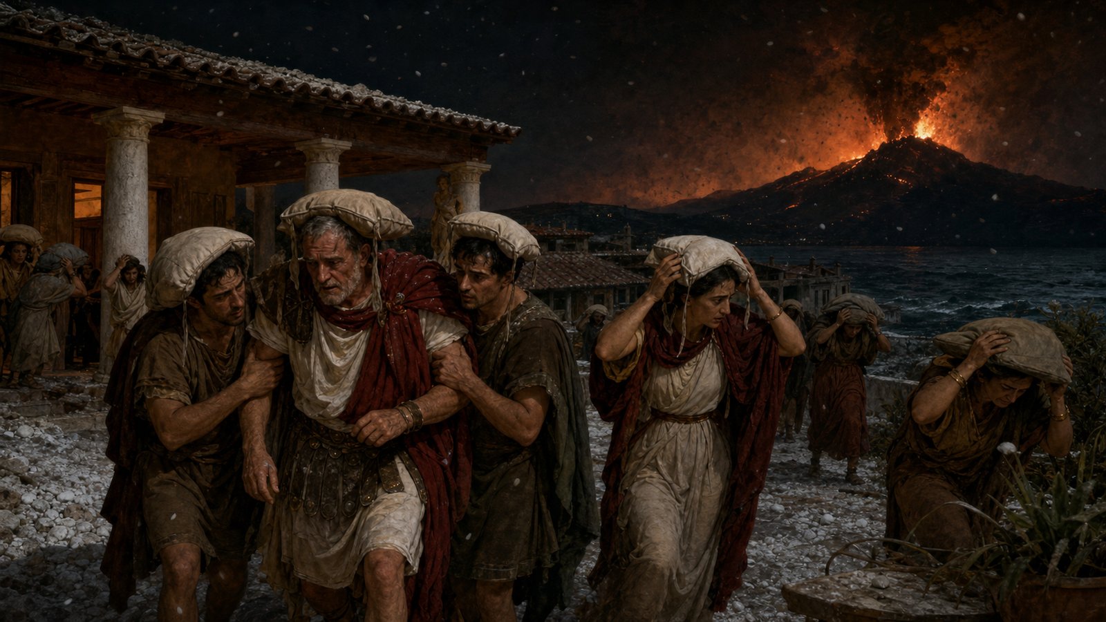 Romans at Stabiae sheltering under pillows from falling pumice at night