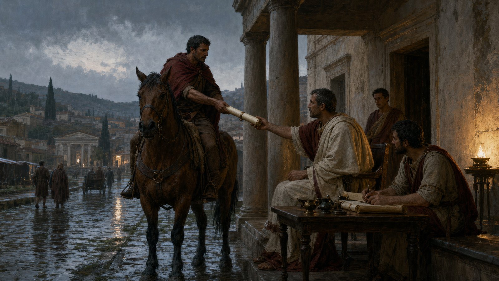 Accused townspeople face a formal Roman hearing in which repeated questions turn persistence into visible evidence.