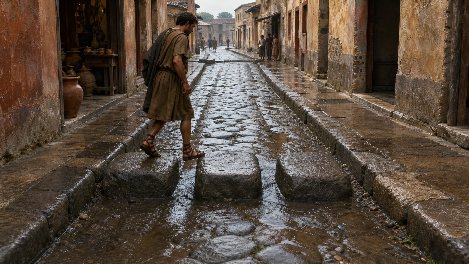 Raised blocks carried pedestrians above runoff while open gaps kept a route for wheeled traffic through the same narrow crossing.