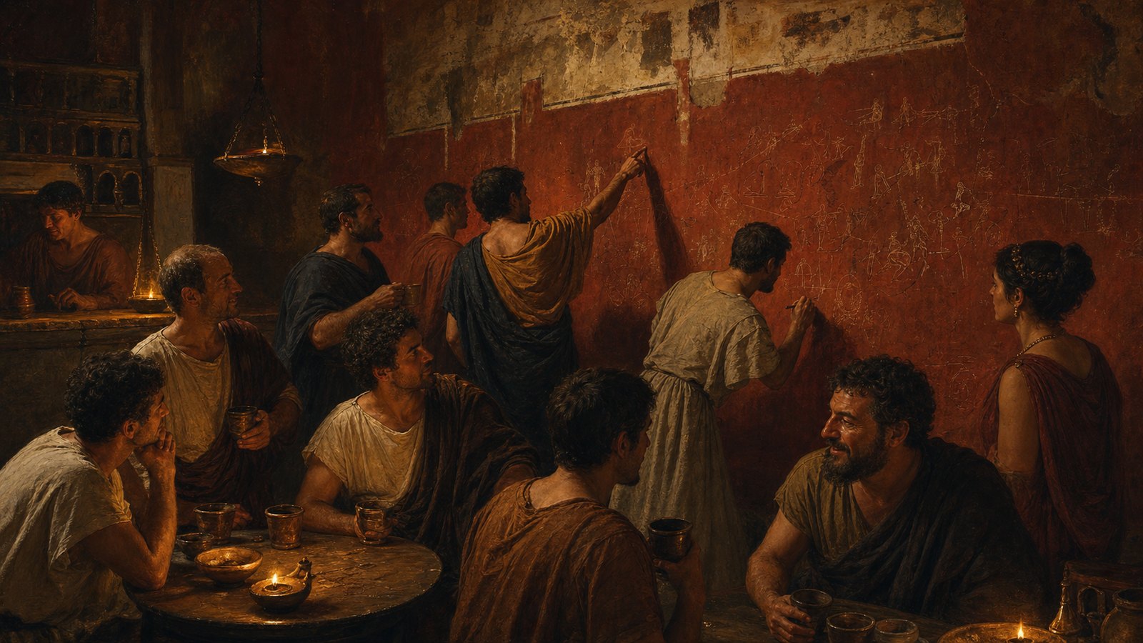 In a tavern, layered marks could be read, answered, mocked, or ignored by changing groups of patrons.