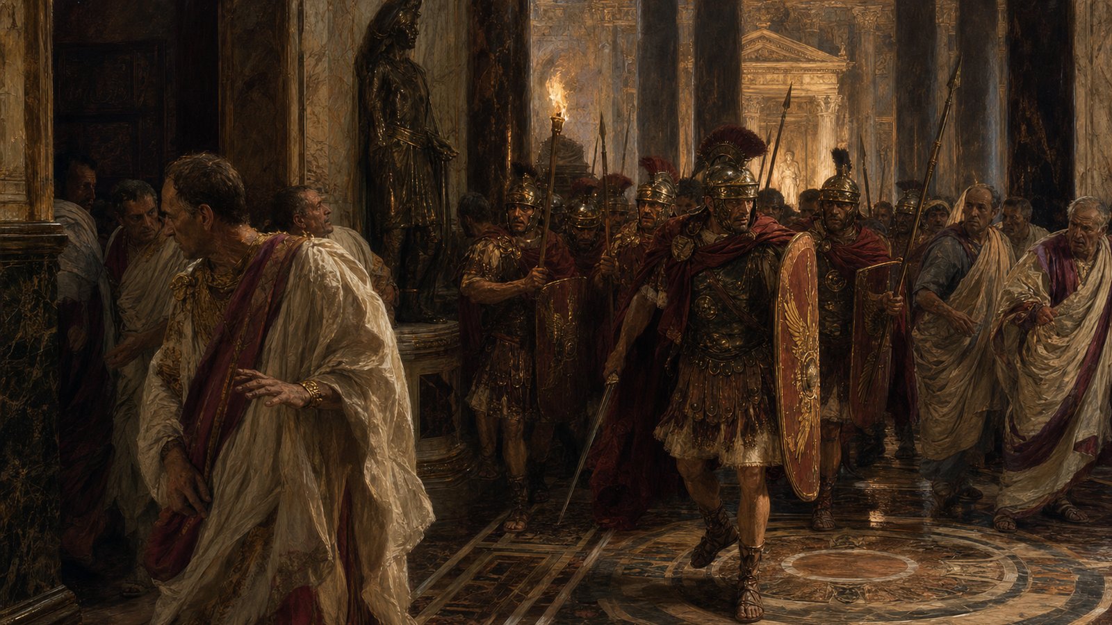 Praetorian soldiers forcing their way through an imperial palace corridor