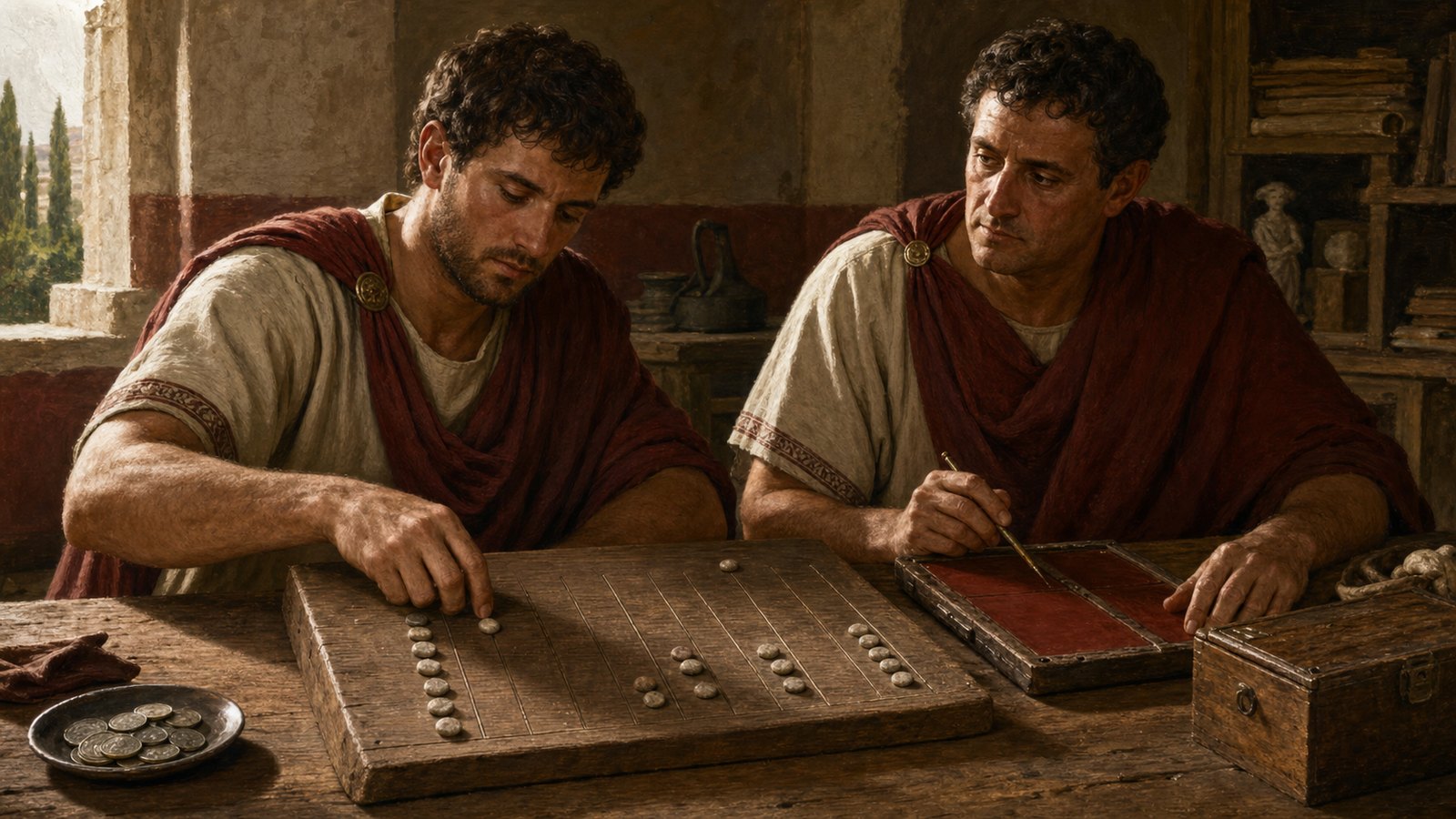 A Roman clerk moves captive buttons through the decimal grooves of a small bronze hand abacus while an open account tablet waits beside him.