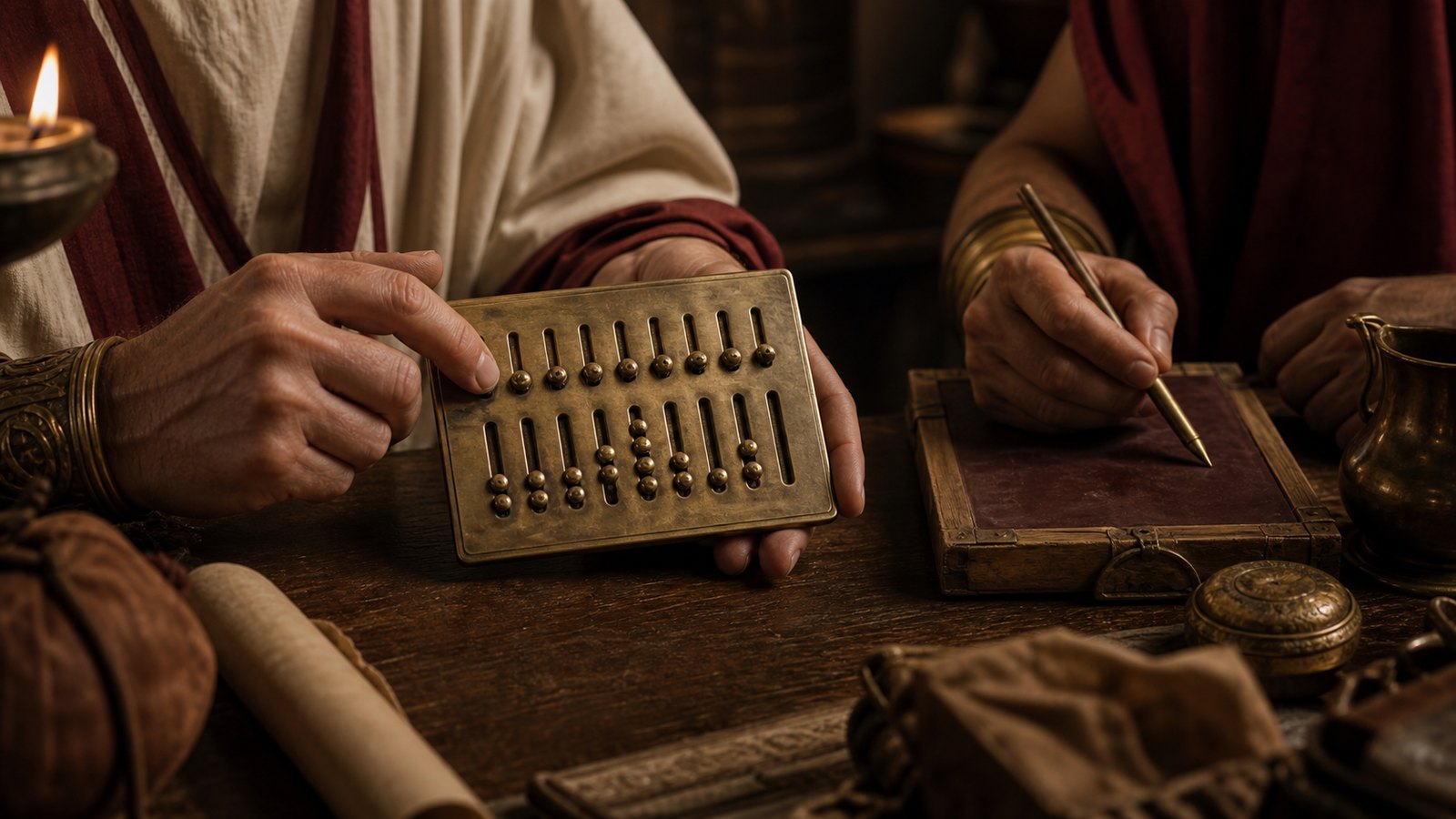 Two accountants compare a ruled counting board with a written ledger, checking a carried total before the counters are cleared.