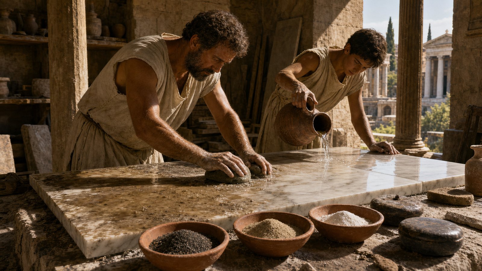 A Roman stone polisher rubs a marble panel with wet emery slurry while separate bowls hold progressively finer abrasive grades.