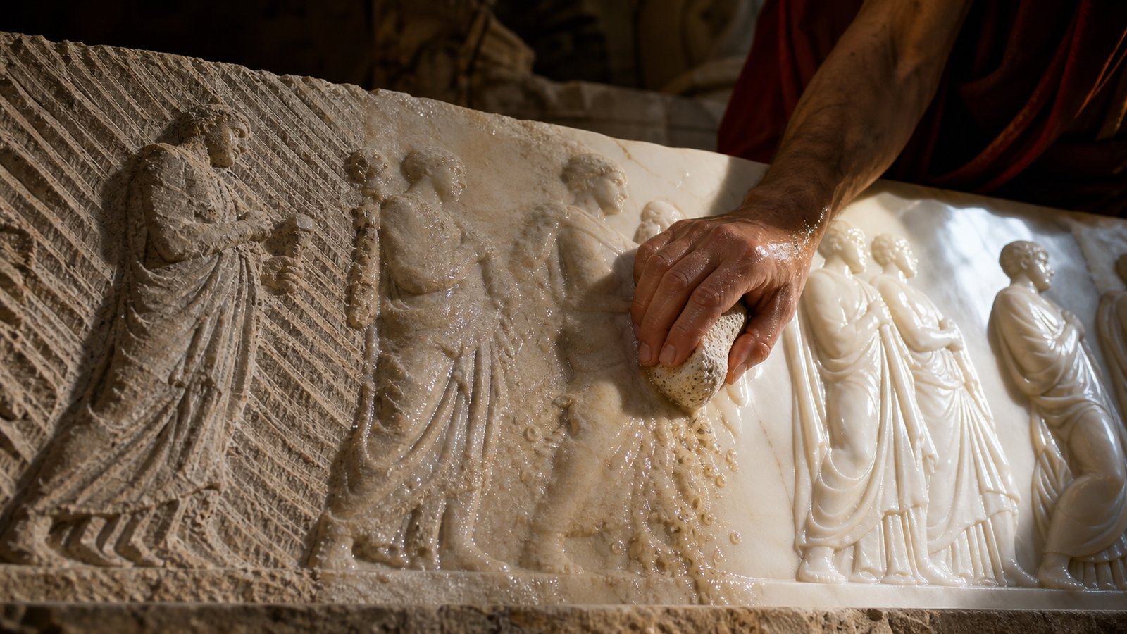 Low sunlight skims a Roman marble relief, revealing the transition from chisel lines through matte abrasion to a carefully polished highlight.