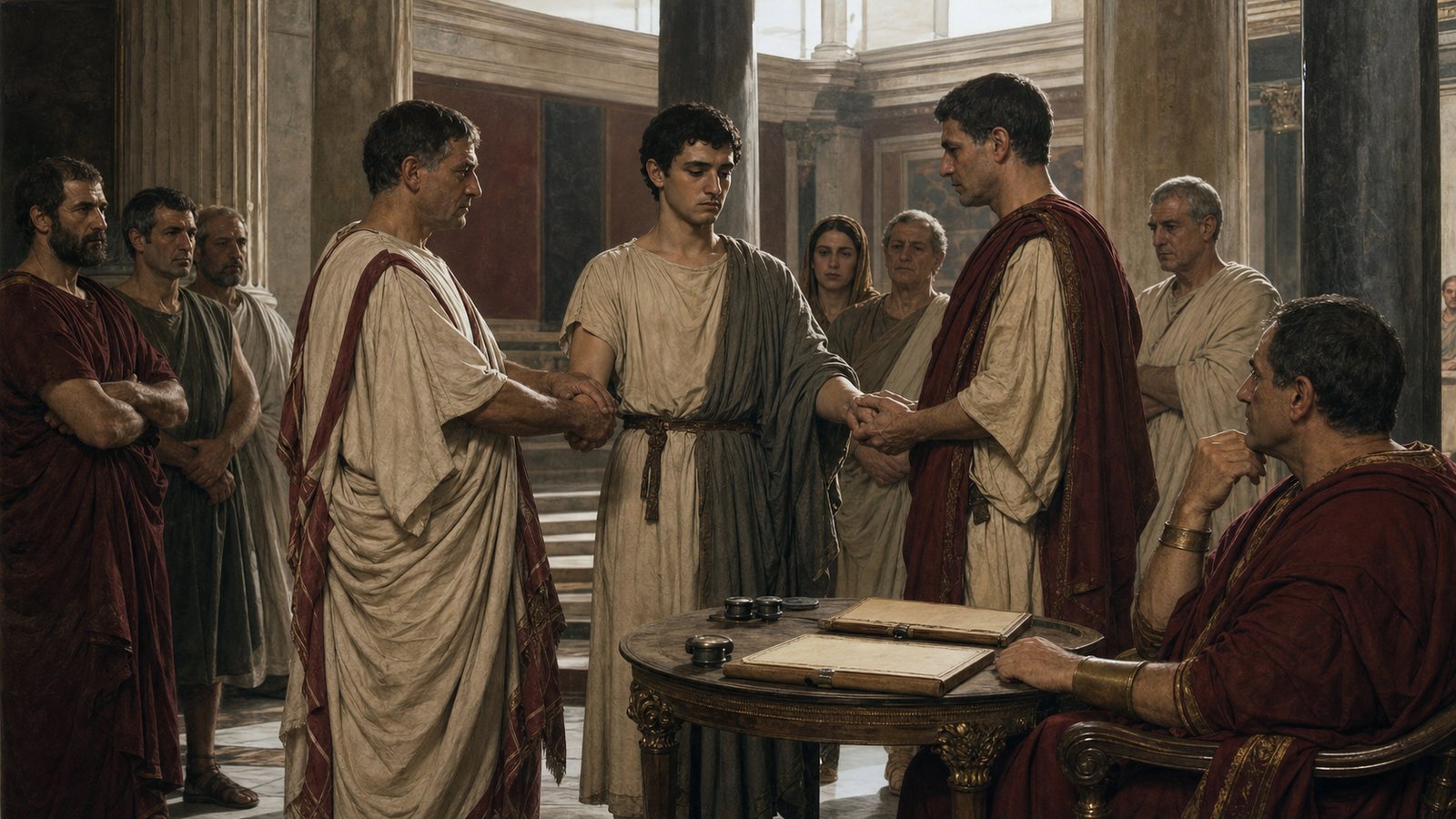 Before a magistrate, two Roman households formalize the transfer of an adult heir from one paternal authority to another.
