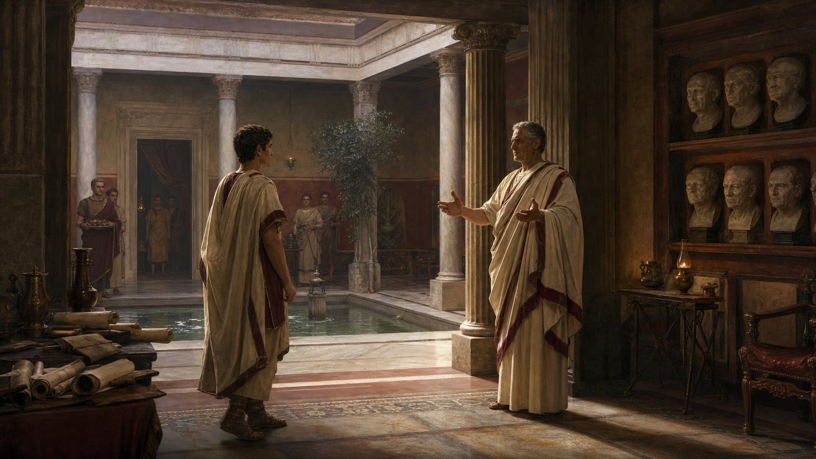 An adopted adult heir enters an ancestral atrium where wax masks and family records make the new succession visible.