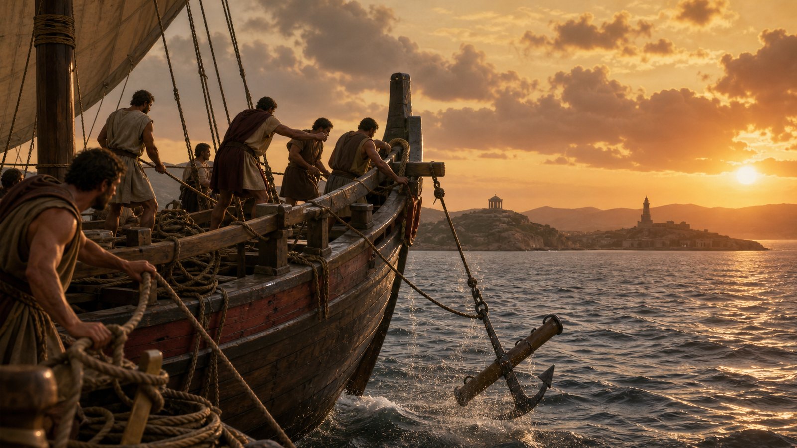 A Roman-period anchor combined a heavy stock, arms and flukes; sailors controlled the wet cable so the falling gear could roll, bite and set rather than merely lie on the bottom.