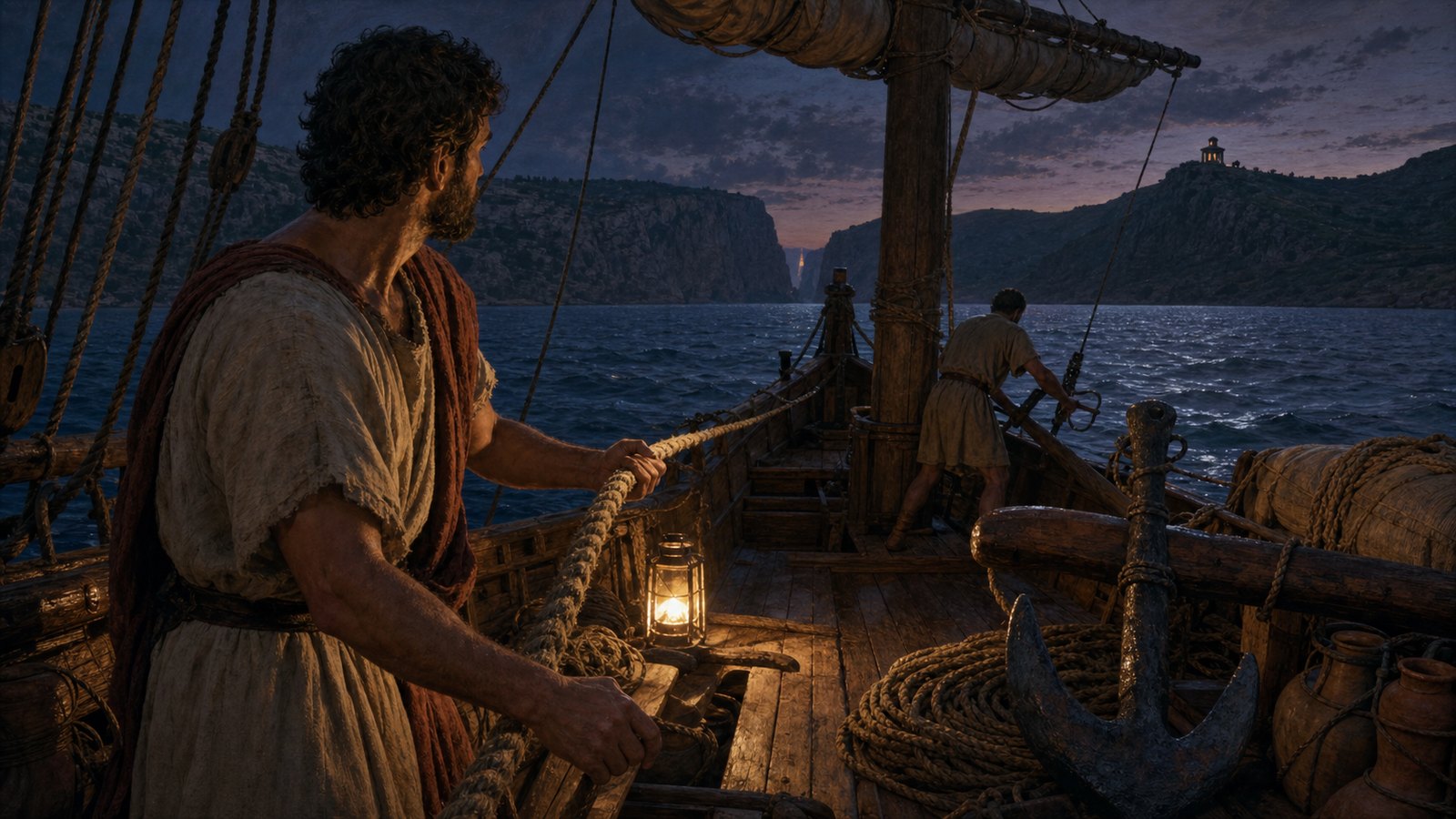 At dusk, crew watched paired landmarks and felt tension through the line—the surface looked calm only while cable angle and buried fluke continued to resist the wind.