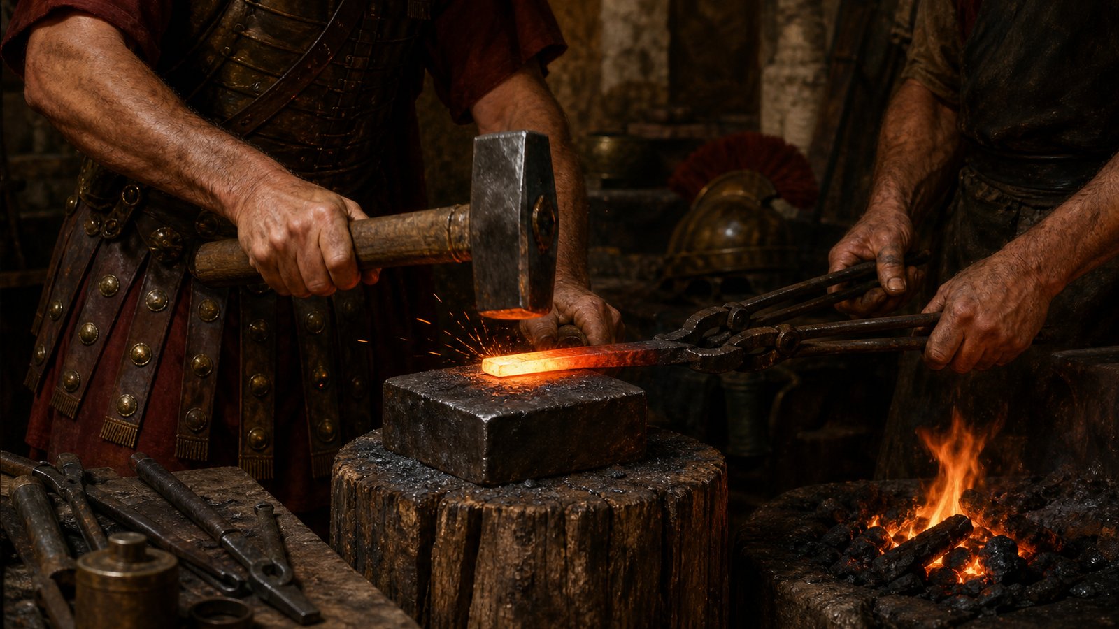 A Roman smith places a glowing iron bar on a small rectangular striking block seated in a heavy timber stump.