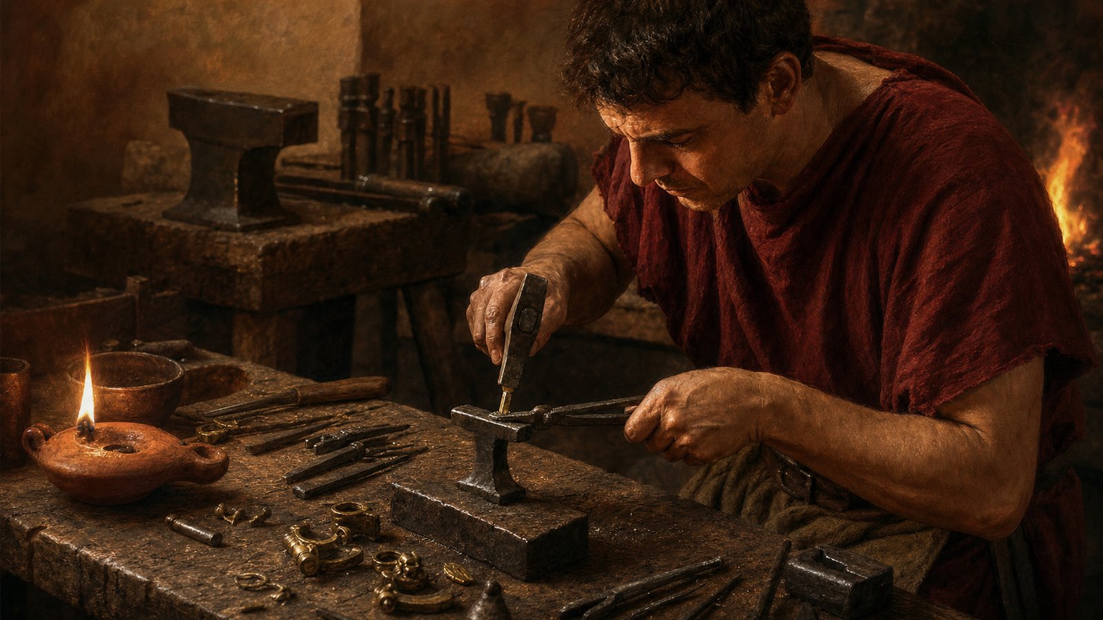 A compact T-shaped Roman anvil supports delicate fitting work while larger forge tools wait beside the hearth.