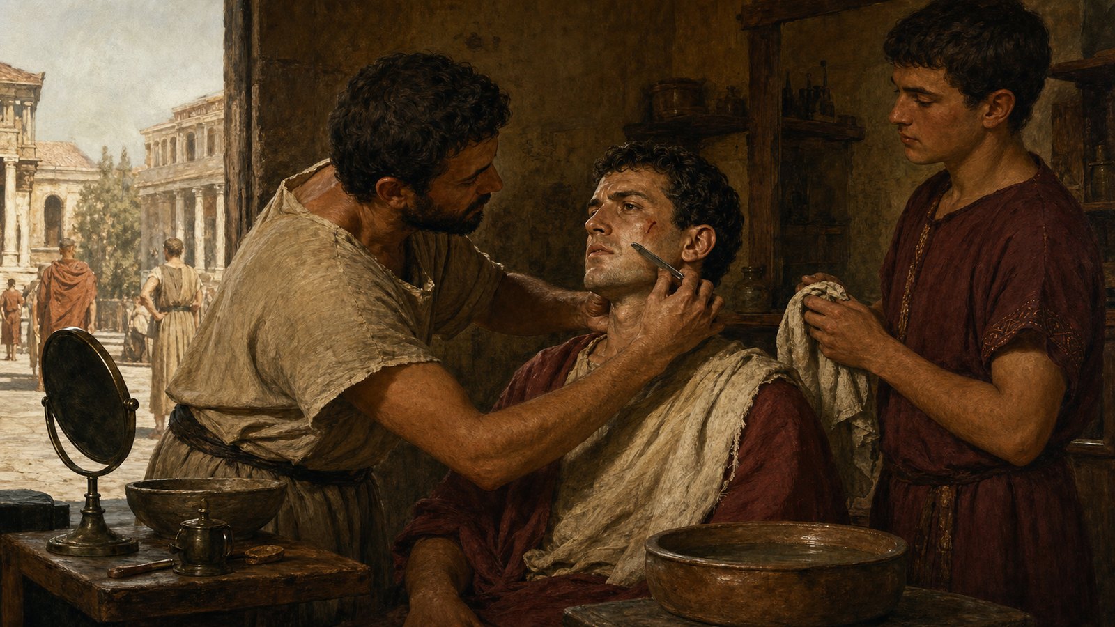 A Roman shave placed an unguarded iron edge against the face, making steadiness and local reputation essential.