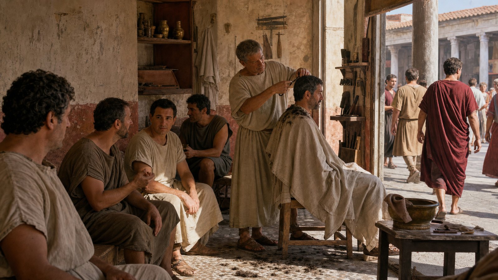 The barbershop queue gathered neighborhood news while each finished haircut advertised the tonsor’s skill.