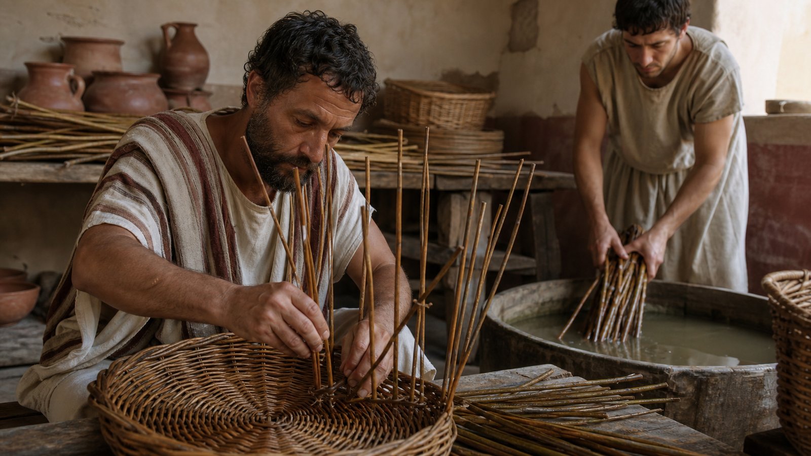A Roman basketmaker raises evenly spaced willow stakes from a tightly woven circular base while prepared rods soak nearby.
