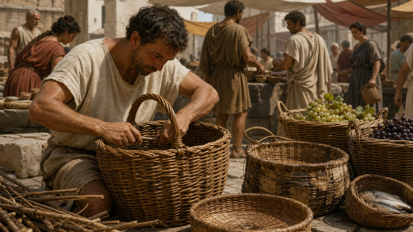 Finished field and market baskets show reinforced rims, tucked ends, and handles anchored deep into the woven walls.