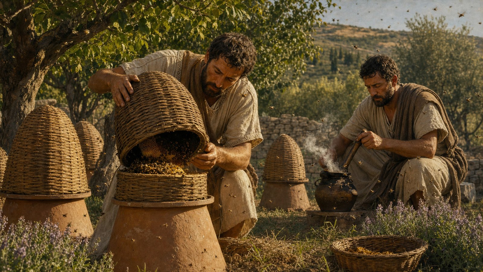 Roman beekeepers tend sheltered hives near forage and water, managing the landscape before touching the comb.