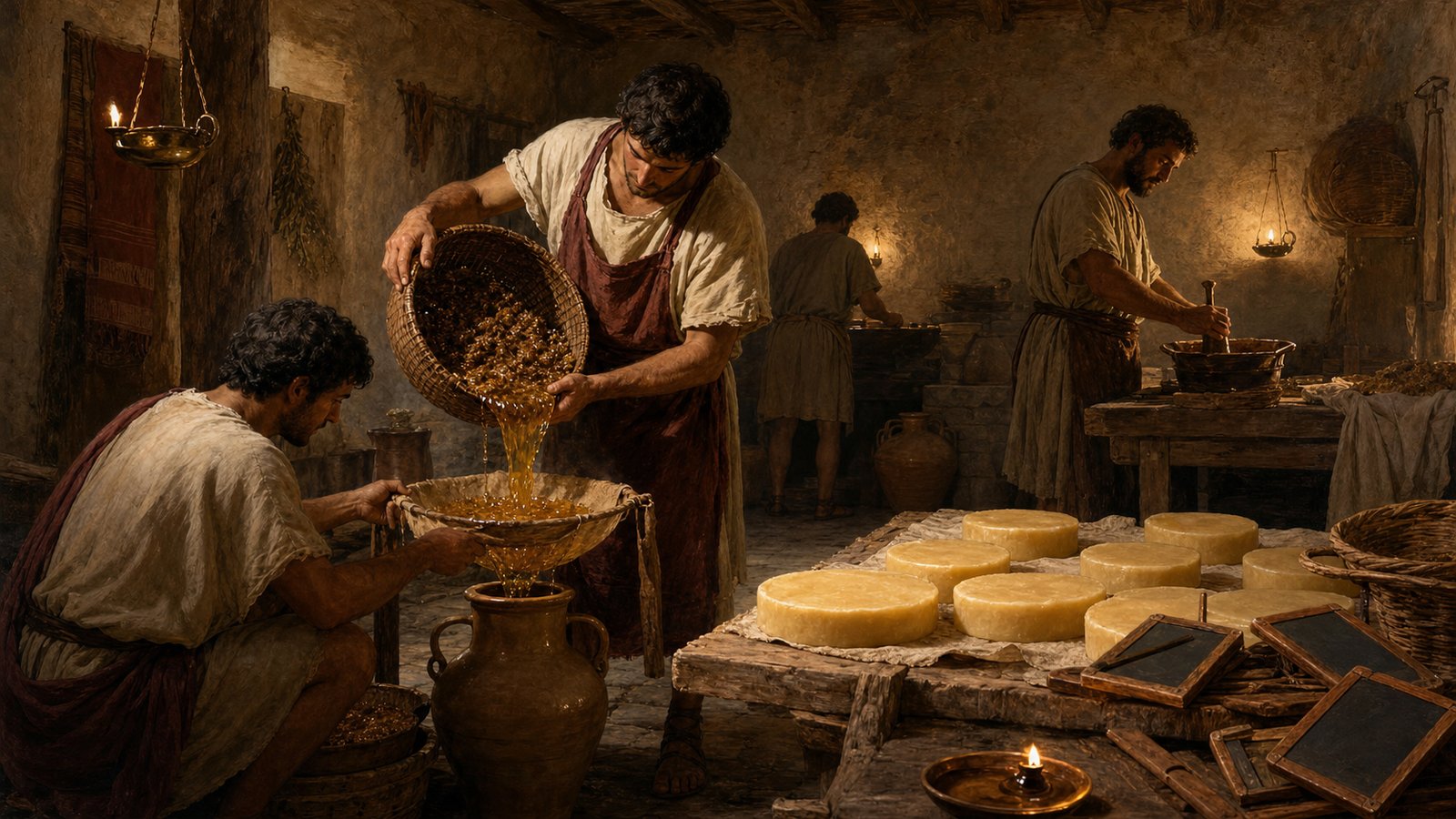 Honey drains through woven strainers while cleaned beeswax cools into a second useful farm product.