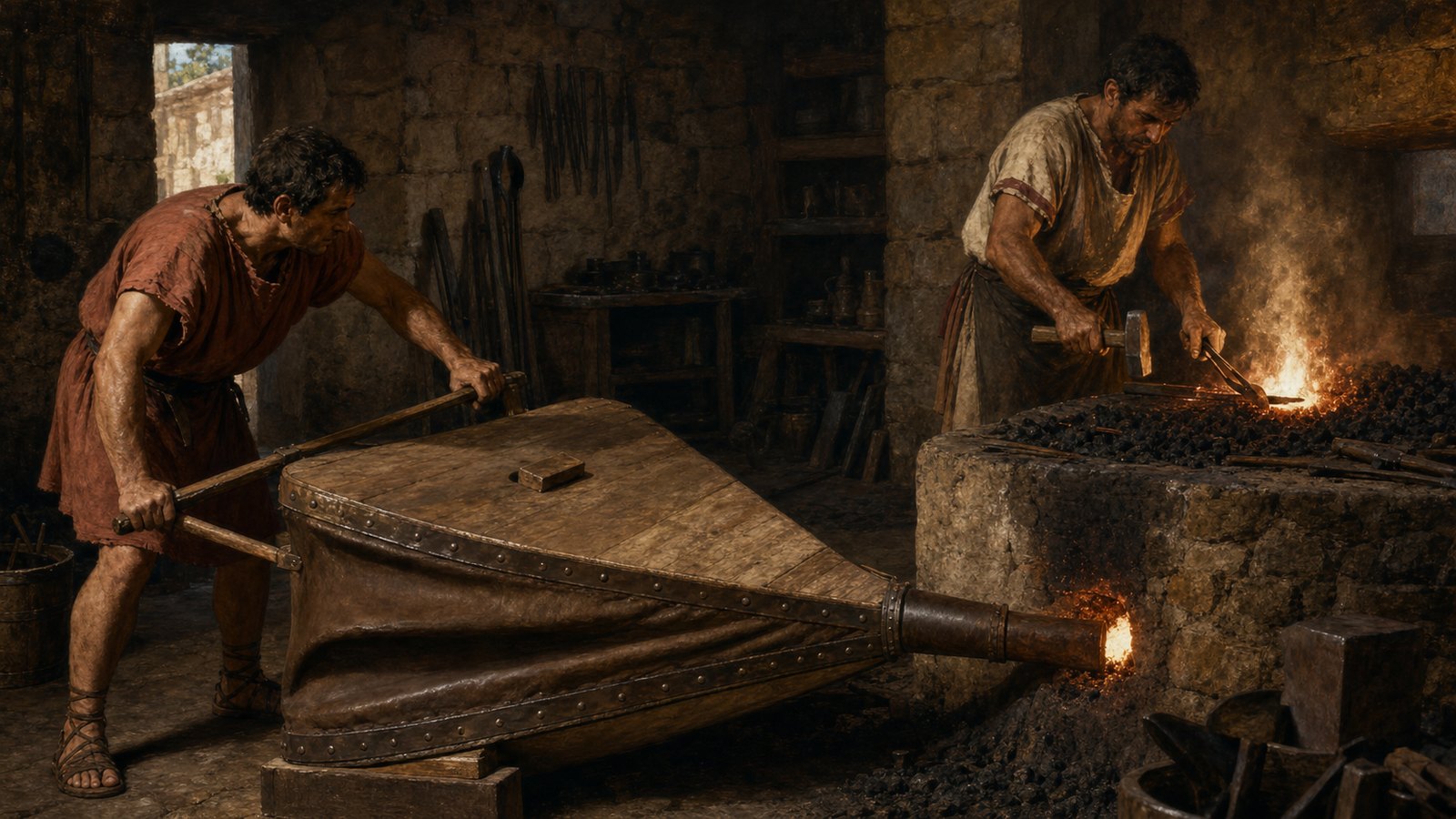 A bellows operator compresses the leather-sided cavity while the tuyere directs the blast into one concentrated region of a Roman charcoal hearth.