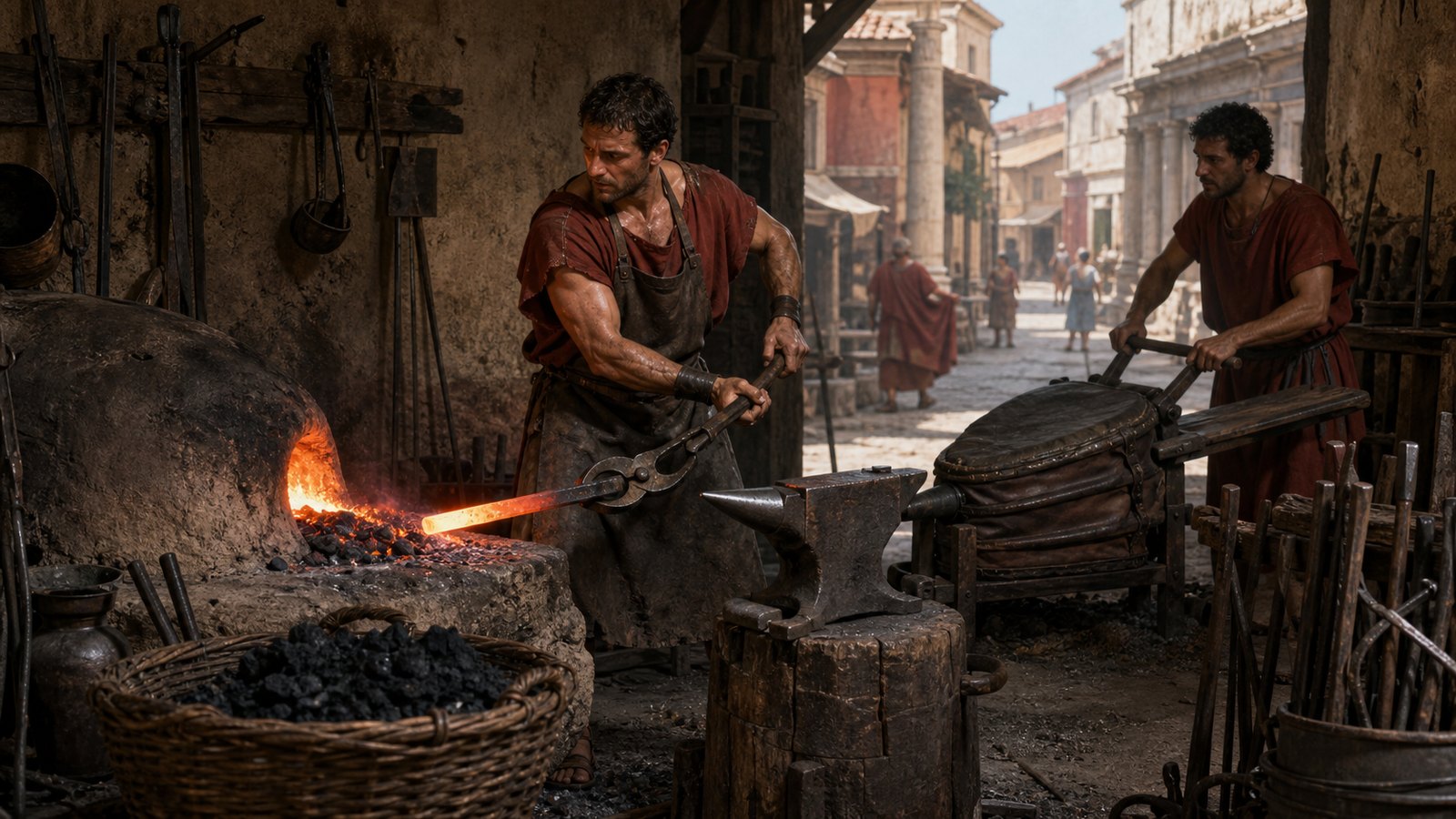 Beside the anvil, a Roman smith returns heated iron to the localized bright coals formed in front of the tuyere mouth.