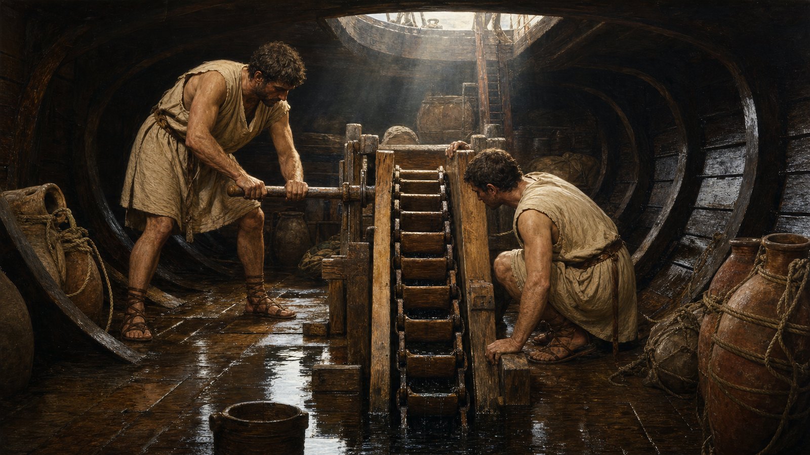 Sailors drive a chain pump in the lowest hold as linked paddles rise through a wooden trunk.
