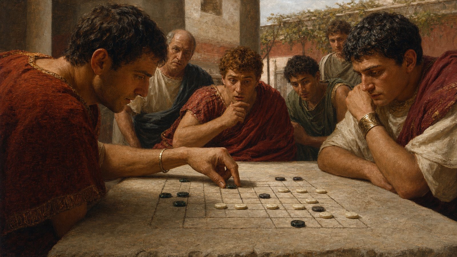 Two Roman players study contrasting counters on a scratched grid as one piece is threatened by enclosure between opponents.