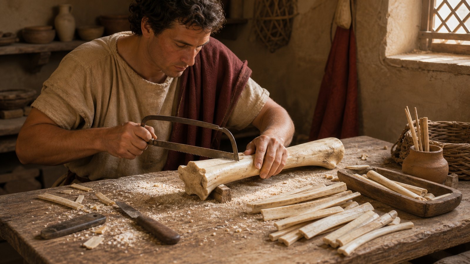 A Roman boneworker saws narrow longitudinal blanks from the dense wall of a cleaned long bone.