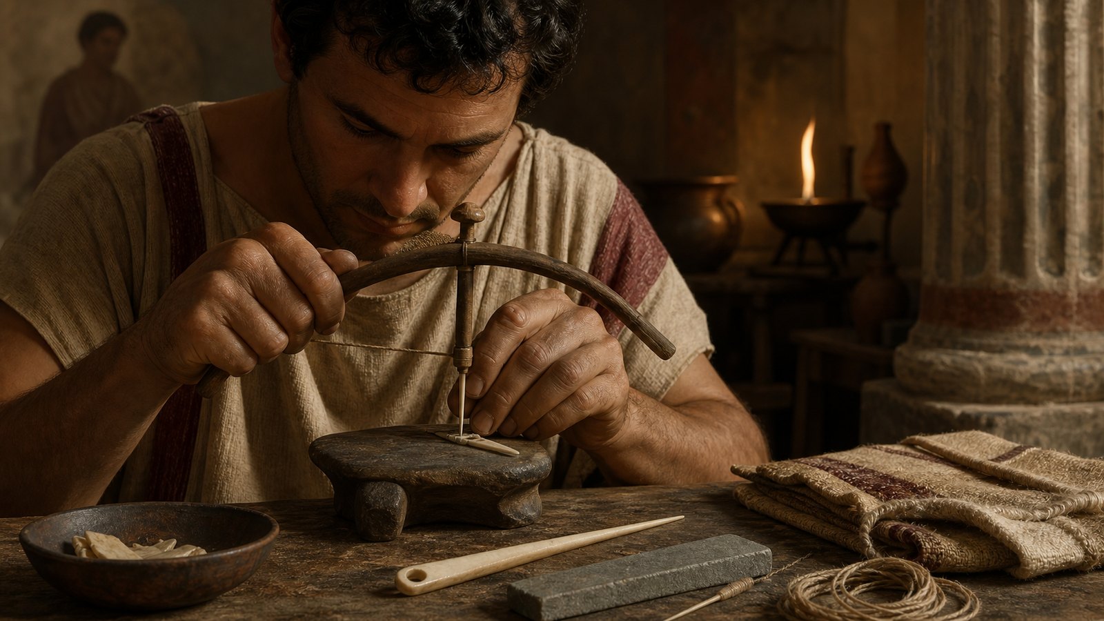 At a bench, a craftsperson drills and polishes the eye of a tapered bone needle beside thread and folded cloth.