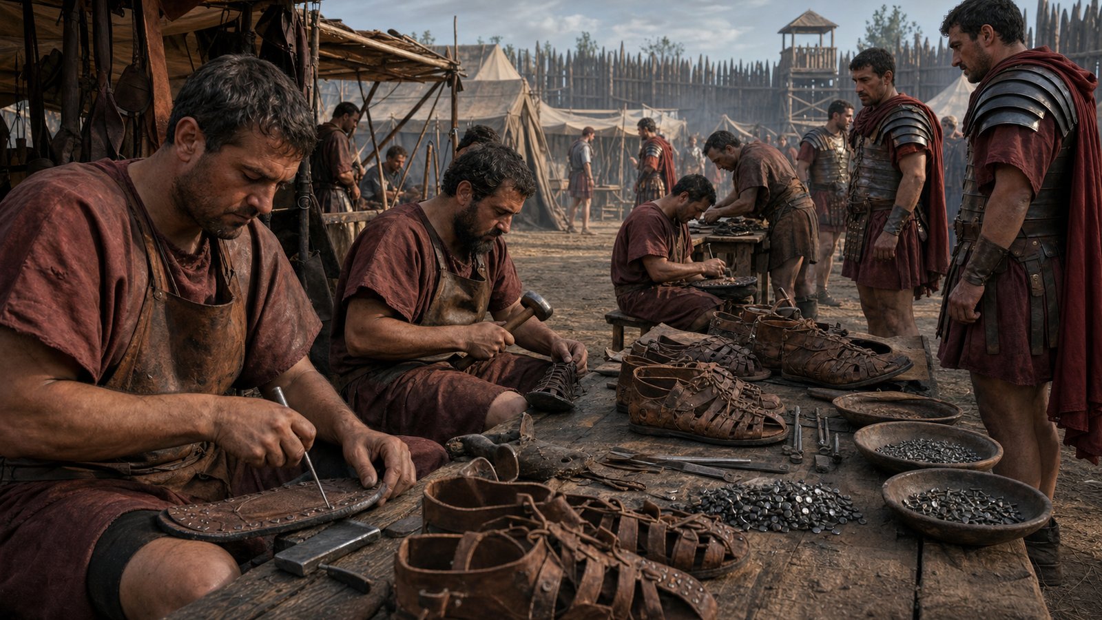 Military footwear required a supply craft of its own: workers cut uppers, layered soles and hammered replaceable iron hobnails before the next march.