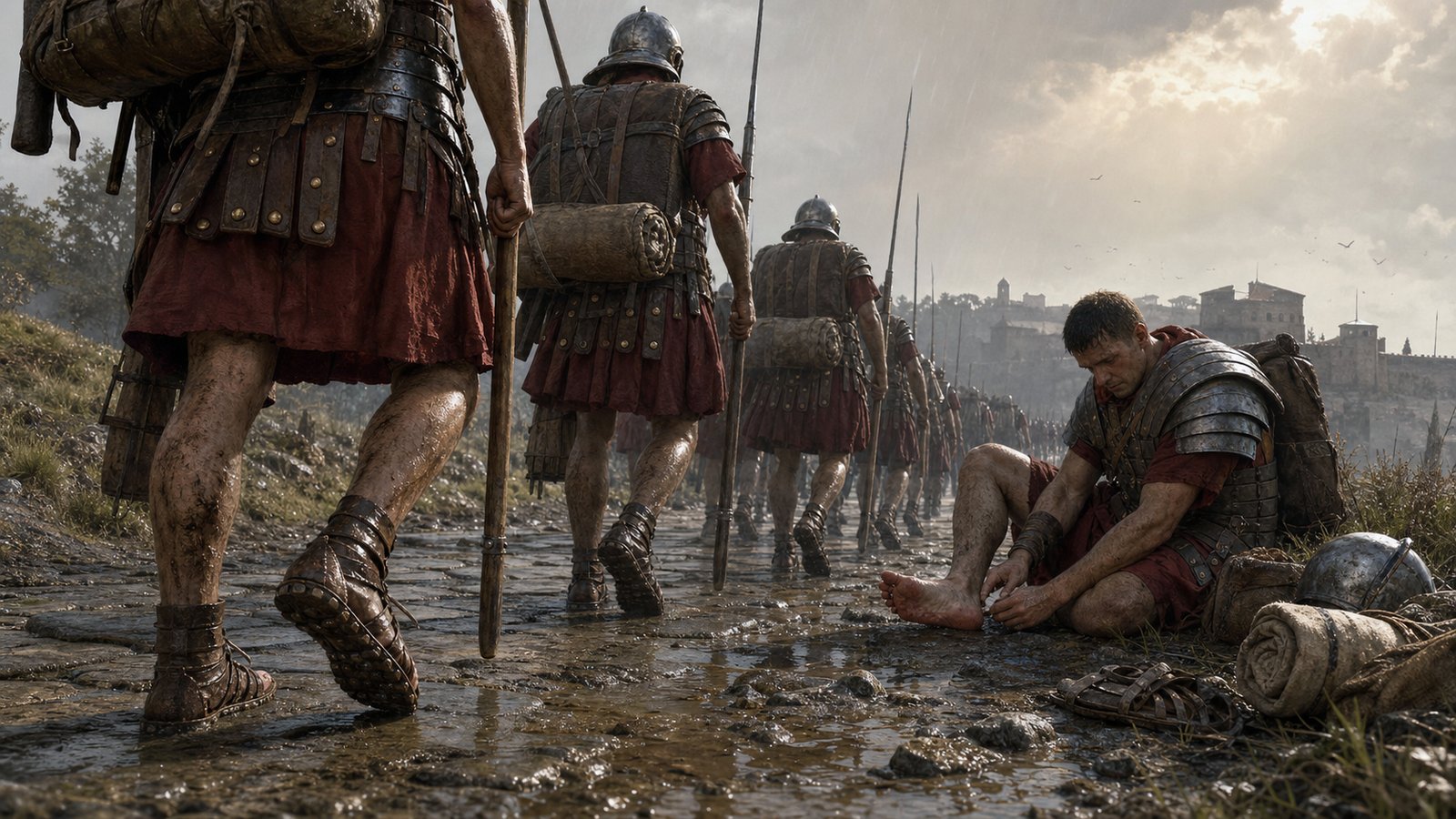 On wet paving, hobnails protected leather but changed traction; the soldier’s feet still carried every weakness in fit, wear and terrain.