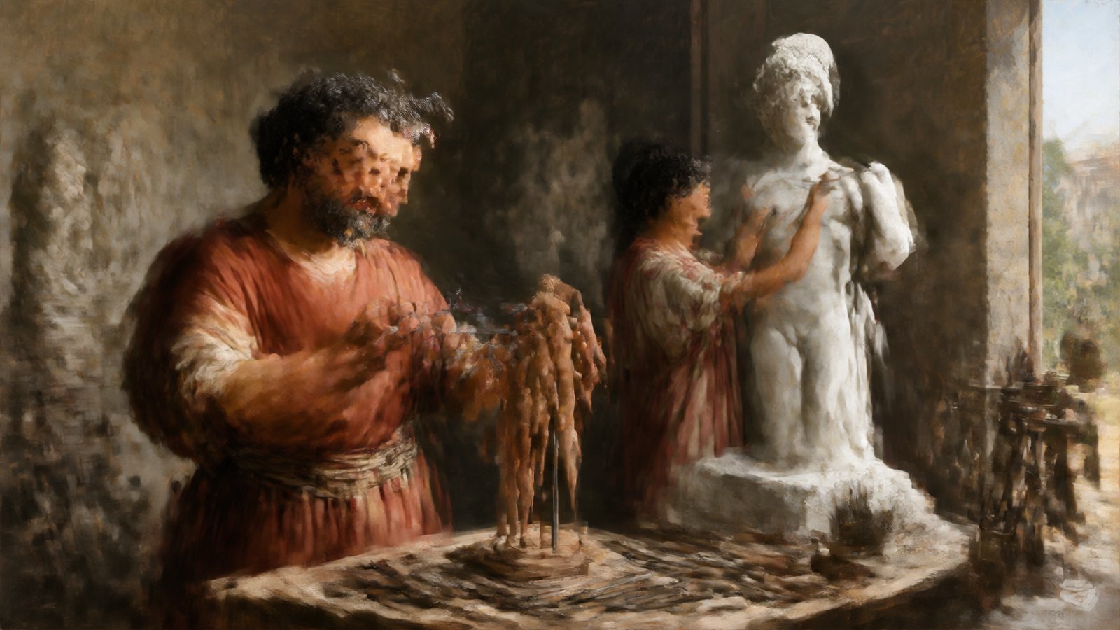 A Roman sculptor opens bronze callipers across a small clay model before carrying the measured span toward a rough marble torso.